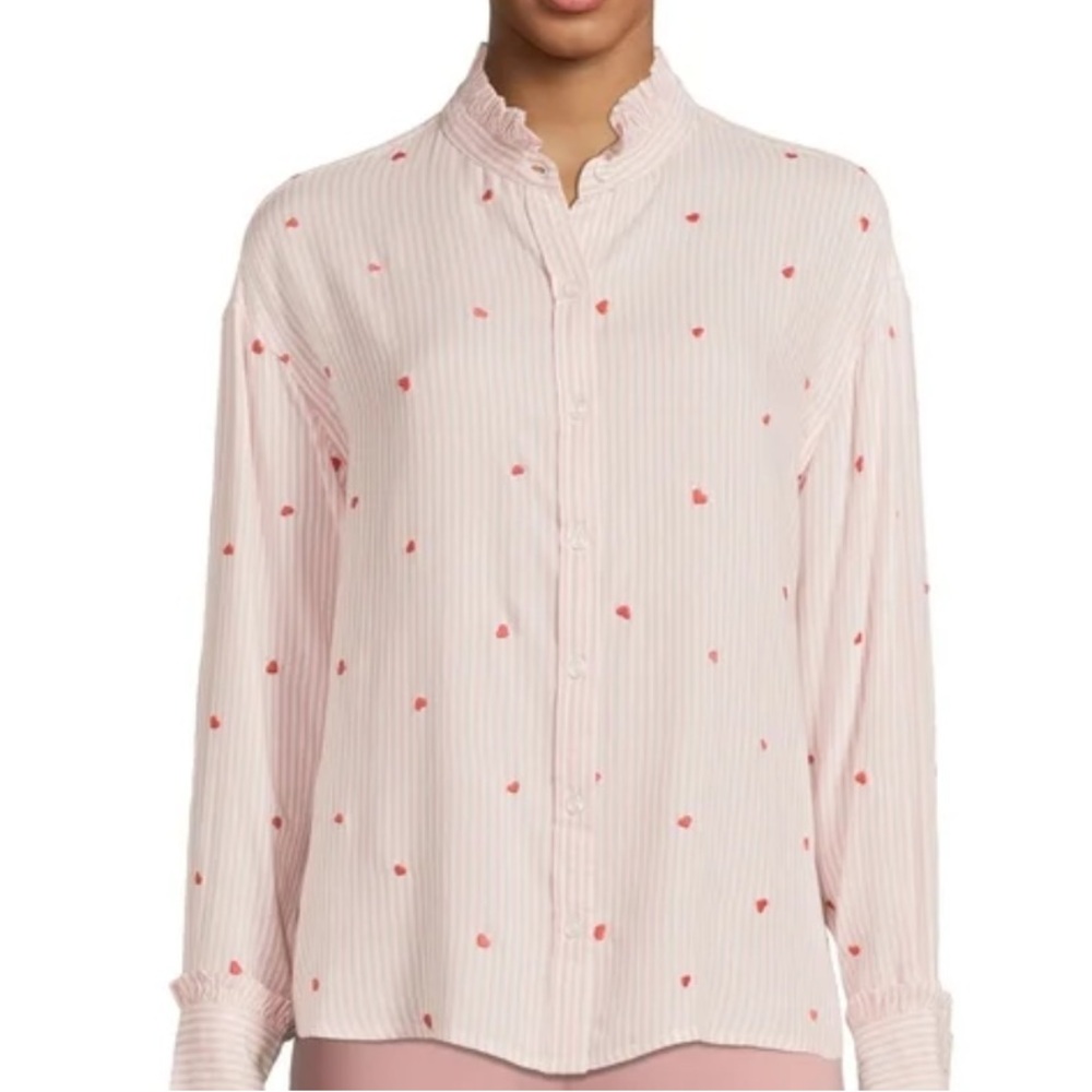 NWT Time and Tru Ruffle Collar Shirt Sandstone Pink W/Heart Emb Size XL (16-18)